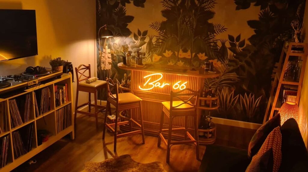 Lit up bar in a garage conversion by High Spec Building